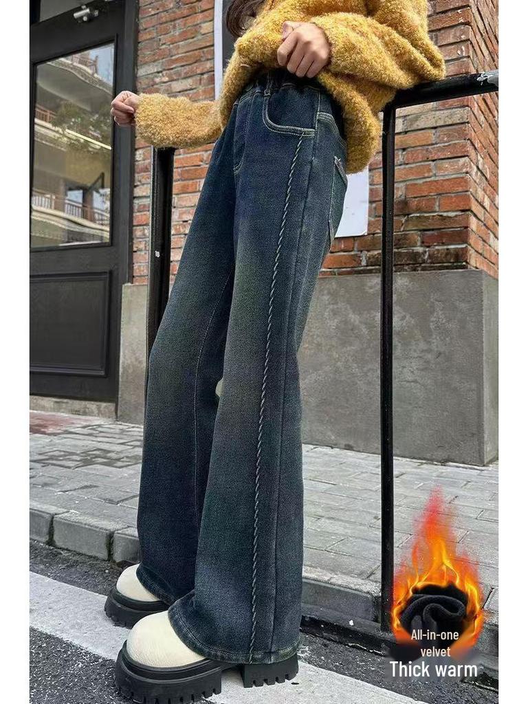Girls' Plus Velvet Flared Pants - Stylish Slim Fit Autumn/Winter Jeans for Older Children and Students