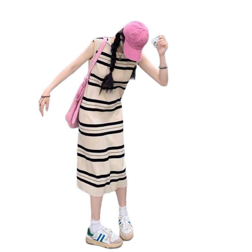 Casual Striped Sleeveless Ice Silk Midi Dress