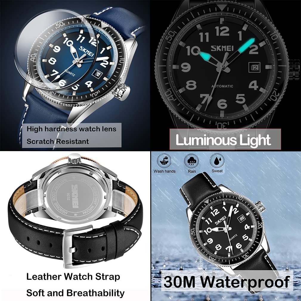 Skmei Watch Black Leather Strap Big Face Simple Hand Watch Waterproof Brand Analog Business Stylish Casual Luminous Arabic Numerals Date Watch Luxury