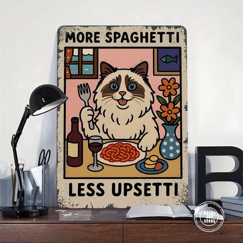 Cat Eating Spaghetti Funny Art Printed Poster Customized Wall Art Retro Vintage Metal Tin Signs for Coffee Bar Accessories Decor