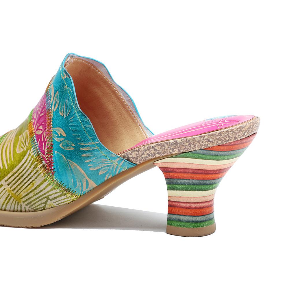 Johnature Наружные тапочки из натуральной кожи. Удобные шлепанцы в тон ретро с ручной росписью на высоком каблуке.