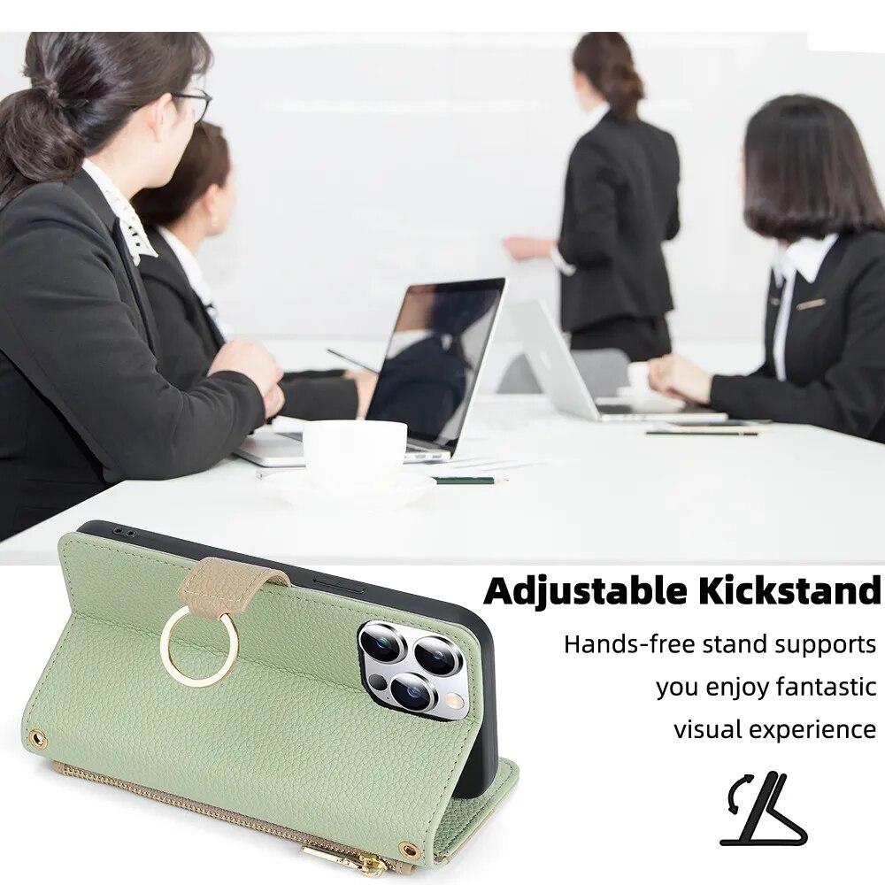 Кожаный чехол-книжка через плечо для iPhone 15 14 13 12 11 Pro XS Max XR X 7 8 6 6S Plus SE 2020 2022, кольцо с гнездом для карт