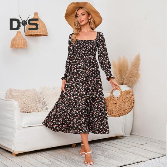 Женское платье с длинными рукавами, цветочным принтом, А-силуэтом, квадратным вырезом, миди-платьем, эластичным бюстом, открытой спиной, плиссированным подолом, весна-осень