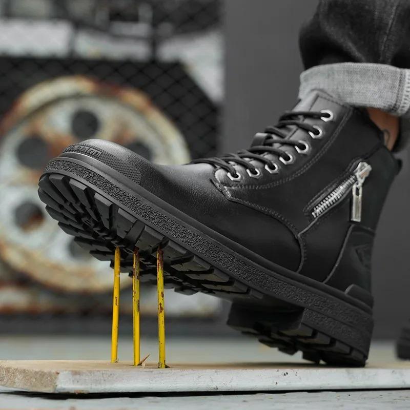 New 2024 Fashion Black Leather Men Work Safety Boots Zip Ankle Indestructible Steel Toe Cap Anti Smashing Shoes Male Footwear