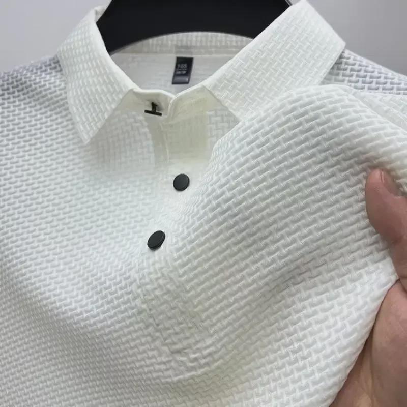 Мужская рубашка-поло: Однотонная модная сетчатая модель Ice Silk с короткими рукавами и воротником-стойкой - коллекция Лето и Осень 2023