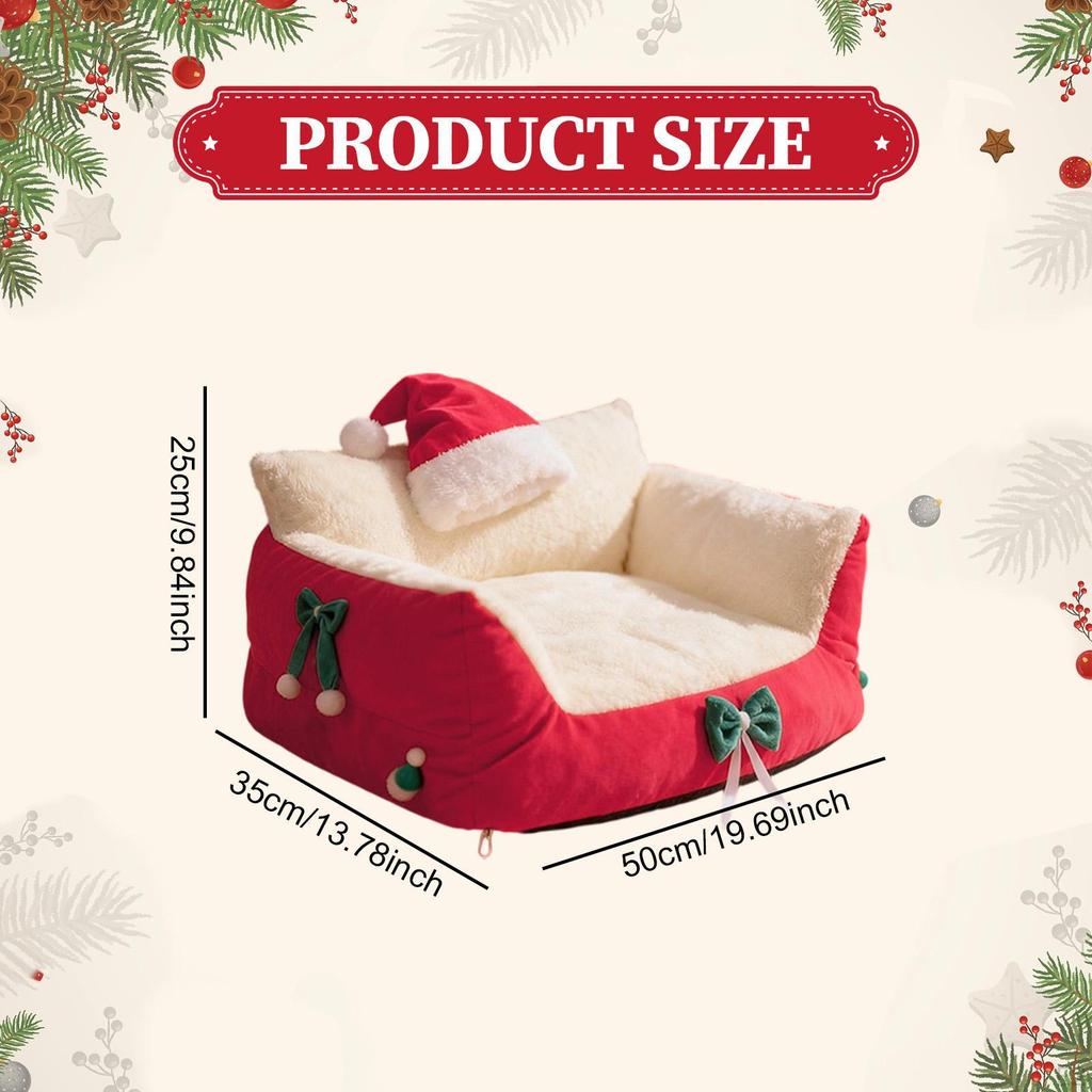 Cat Bed Sofa Pet Couch As Cute Furniture with Christmas Hat And Bows, Scratch-resistant