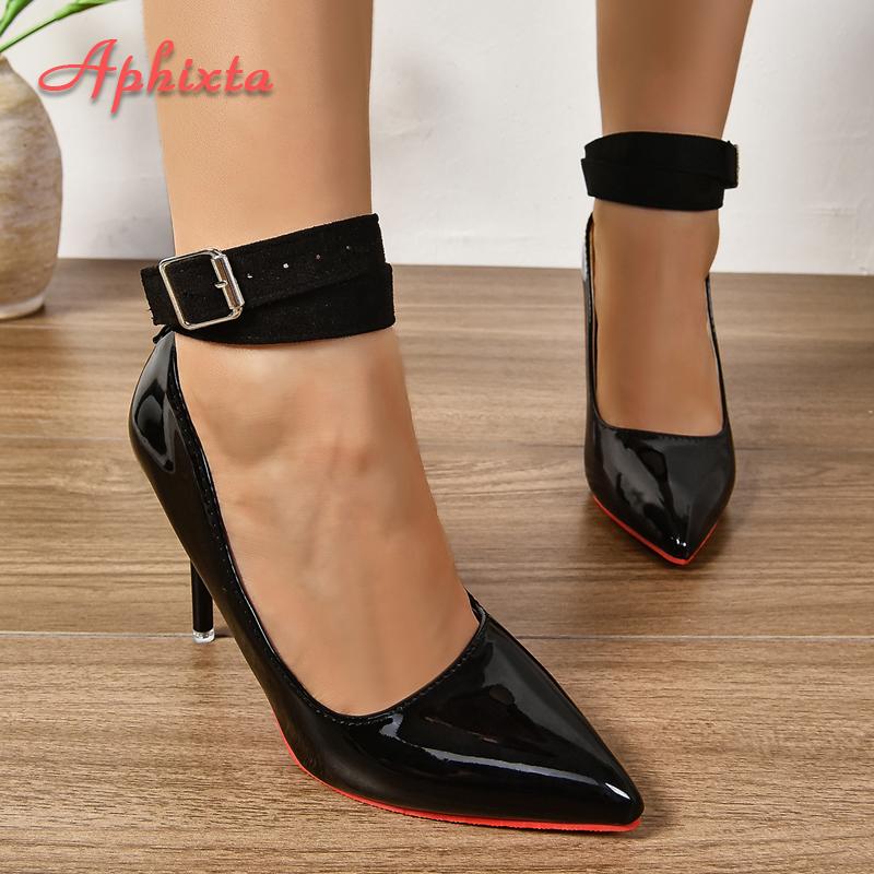 Aphixta Супер Высокие Каблуки Шпильки 12см/10см Пряжка Ремень Лакированные Туфли Женская Обувь Острый Носок Вечеринка Большой Размер 48 49 50
