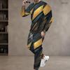 Men Plus Size White Grey Beige Printed Round Neck Long Sleeve Top Cuffed Pants Two Piece Set