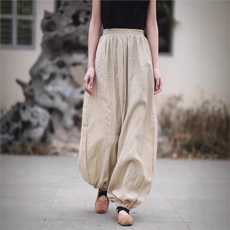 Johnature Women Vintage Bloomers Pants Solid Color Elastic Waist Trousers Summer Loose Casual Female Pants