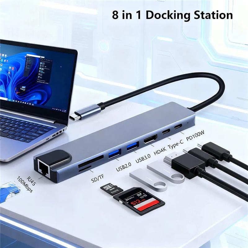 USB-C Хаб 8-в-1 Адаптер Type C Многопортовый USB 3.0 Порт PD для Зарядки Считыватель Карт TF SD Конвертер для Мобильного Телефона Планшета