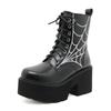 Gdgydh Women Punk Boots PU Leather Embroidered Spider Web Design Shoes Cool Retro Chunky Wedges Platform Boots Lace Up
