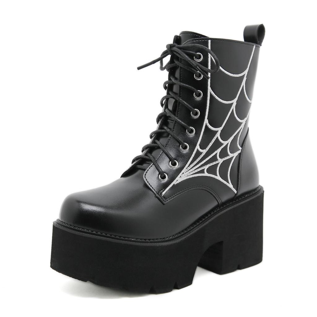Gdgydh Women Punk Boots PU Leather Embroidered Spider Web Design Shoes Cool Retro Chunky Wedges Platform Boots Lace Up