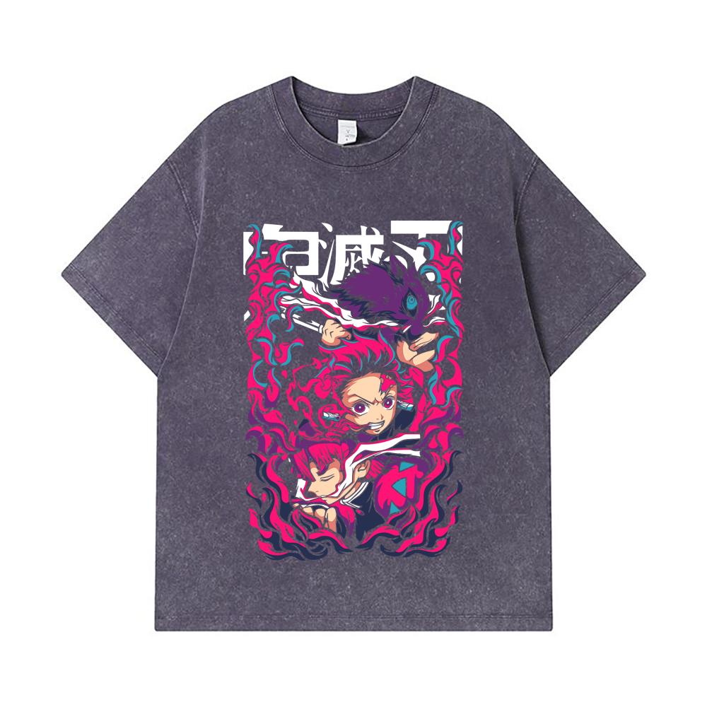 275 GSM Washed T-shirts 100% Cotton Demon Slayer V78 Print Unisex Heavy Cotton T Shirt