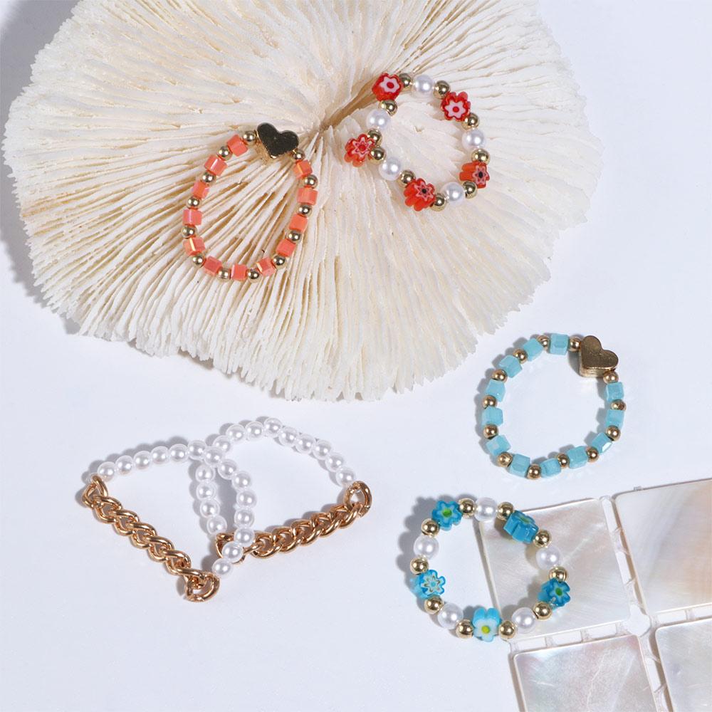 Cute Elastic Pearl Bohemia Love Heart Flower Party Jewelry Women Ring Finger Ring Set Beaded Rings