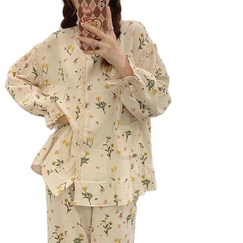 Floral Bubble Cotton Pajamas Lace Lace Ins Style Women Autumn Winter Women Homewear Set Round Neck Sweet Girl Loose Sleepwear