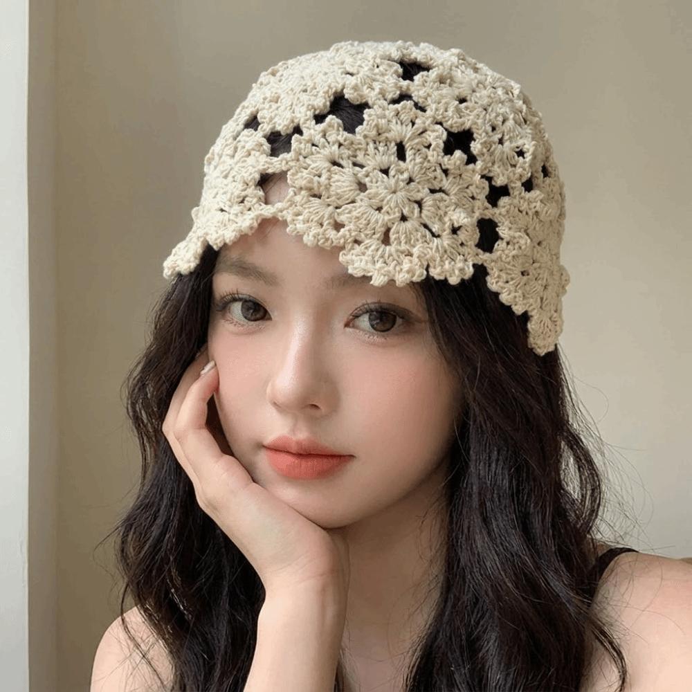 Hollow Knit Skullies Caps Handmade Beanies Cap Casual Crochet Flower Hat  Ladies