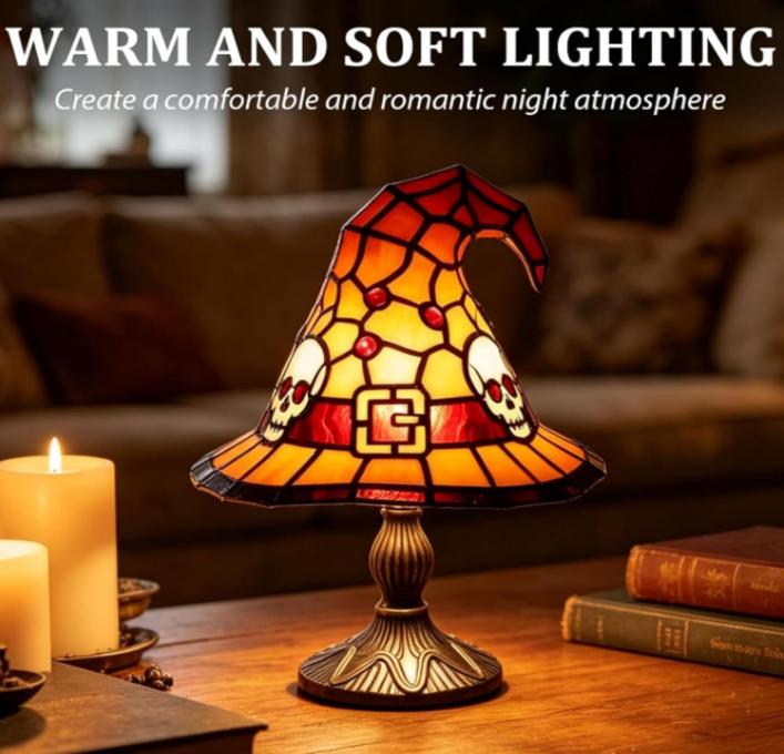 Stained Glass Magic LED Witch Hat Lamp Color USB Plug Resin Night Light Small Ornament