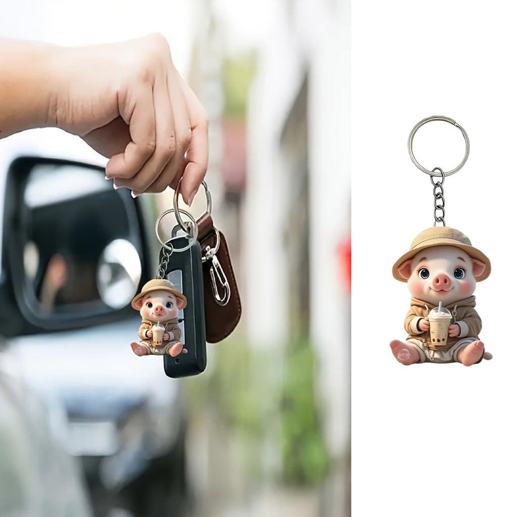 Lovely Milk Drink Pig Acrylic Keychain for Car Home Decoration With Vibranting Color and Sturdy Materials