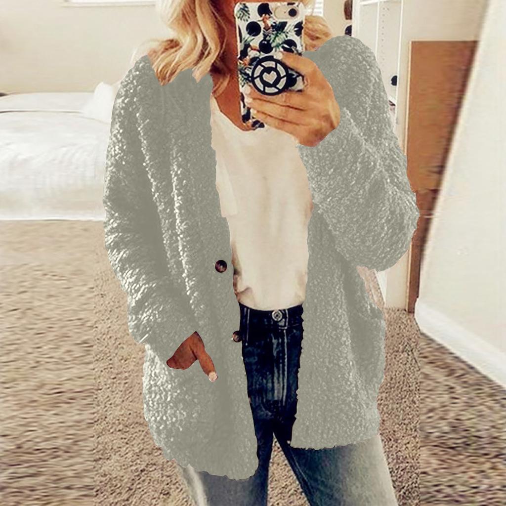 Женская осенне-зимняя плюшевая однобортная куртка с капюшоном и карманами с v-образным вырезом