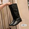 Cowhide Version~ Grape Ma with the Same Inner Height Increase of 4cm Versatile Square Round Head Flat Bottom Height Increase Boots Medium Tube Kni