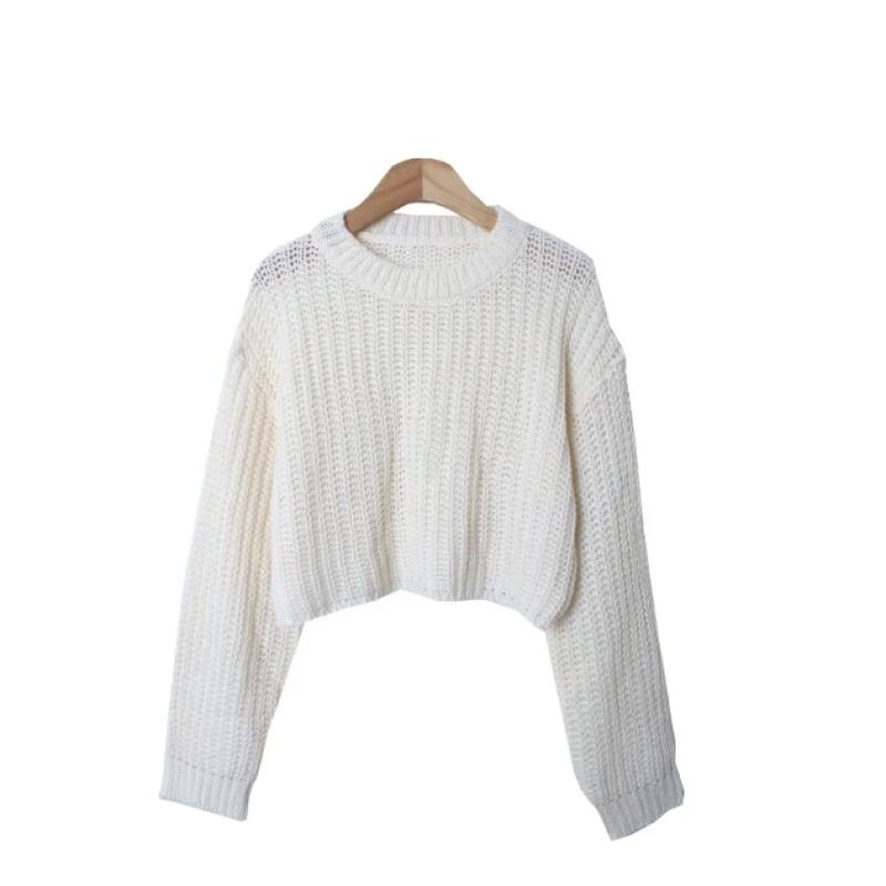 New Arrivals Open Run Women Loose Fit Crop Long Sleeve Knit Classic Waffle