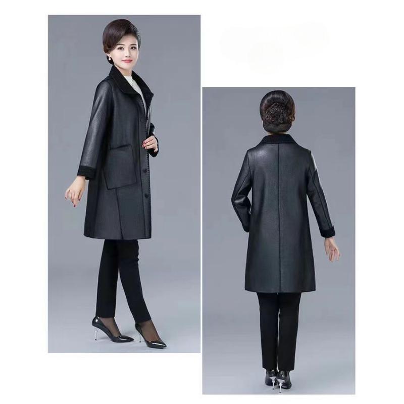 Elegant Slimming Fleece Lined Thick Warm Mom Coat Womens Mid Long Over Knee Faux Leather Trench Coat