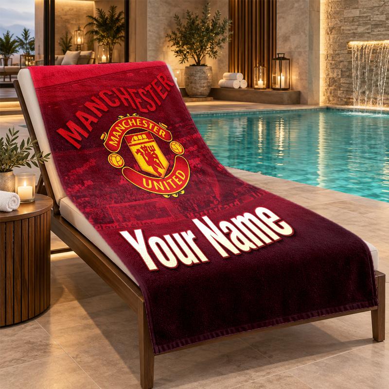 Custom Name Manchester United FC Beach Towel Personalized Text Soft Towel Swimming Travel Bath Gift