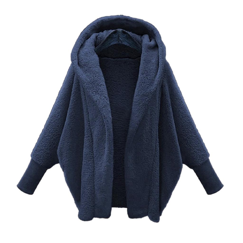 Women's Fashion Loose Retro Warm Solid Color Long Sleeve Hooded Loose Plush Fleece Jacket Women