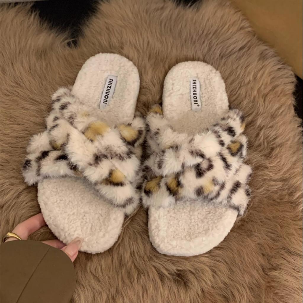 Platform Leopard Print Fluffy Shoes Women's Shoes Wear 2025 New Autumn and Winter Cotton Slippers Lamb Wool Fashion Cotton Shoes