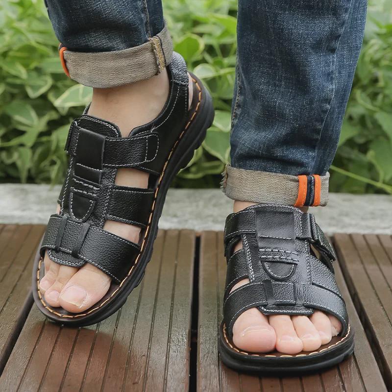 Men's 2024 Summer Genuine Leather Breathable Sandals - Versatile, Soft Bottom, Beach-Ready.
