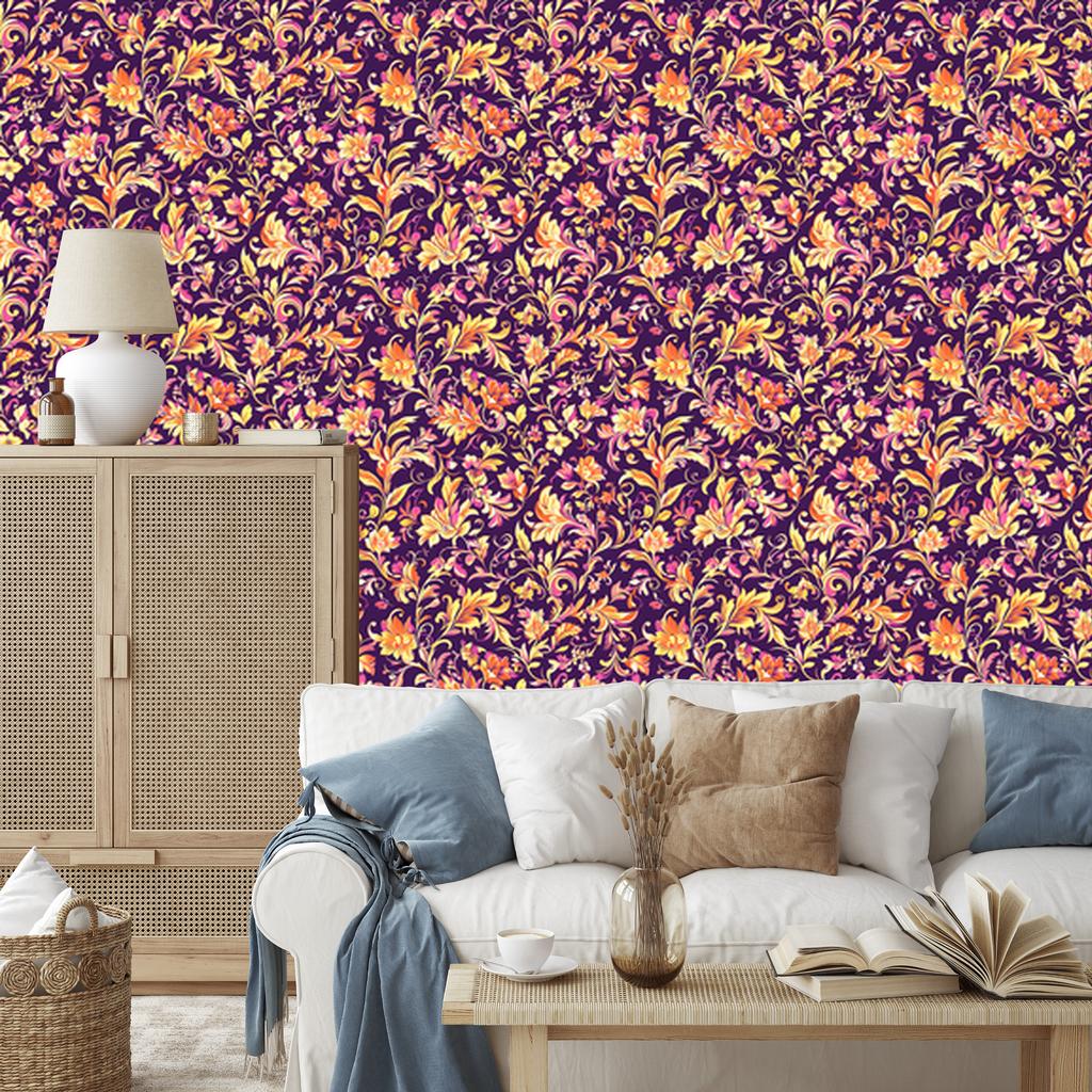 Intricate floral pattern wallpaper in plum, purple and red 50x1000