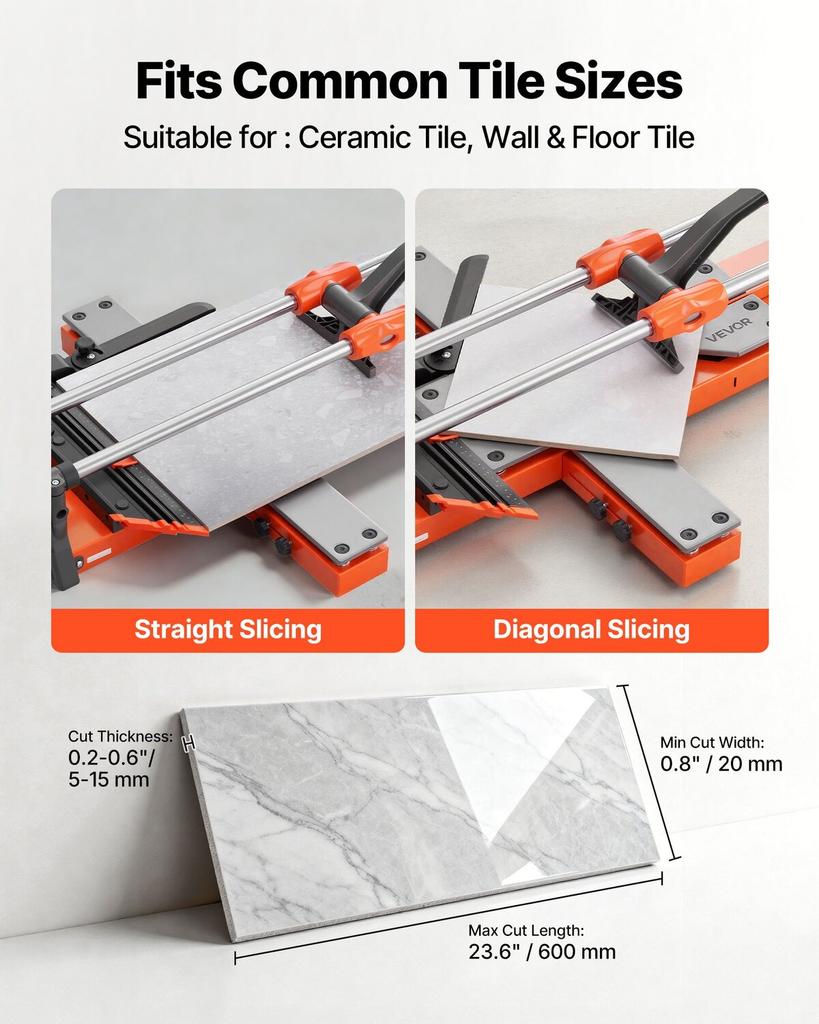 600 mm Manual Tile Cutter, Upgraded Sliding Head Cutting Tool with Spring-Loaded Base, Angle Fence, Tungsten Carbide Cutting Wheel, Alignment Guide,