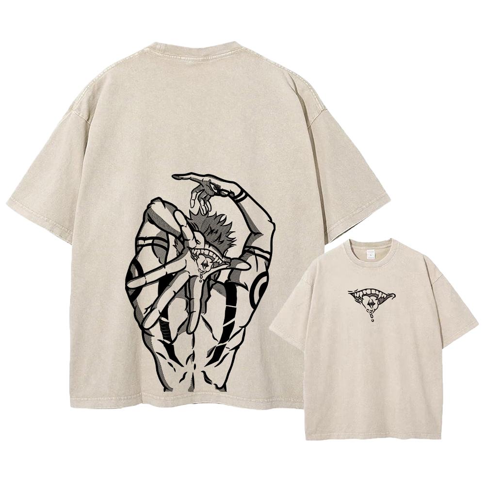 Аниме Принт Уличная Одежда Винтажная Выстиранная Футболка Мужская Харадзюку Манга Графический Принт Годжо Кислотная Стирка Топы Футболка