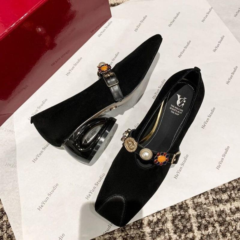 Fashion Beaded Mary Janes Shoes Women High Heels Retro Suede Loafers 2024 Trend Autumn Elegant Dress Chunky Pumps Luxury Zapatos Mujer