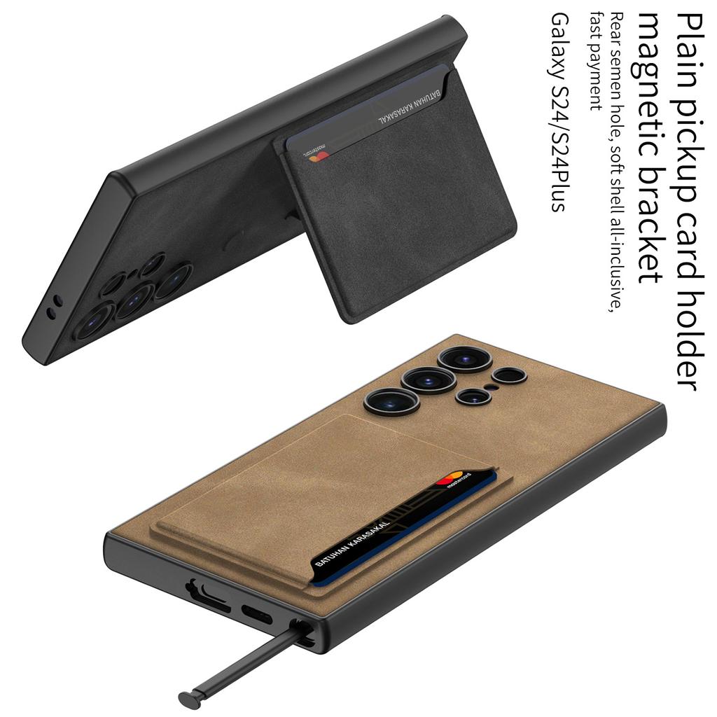 Чехол для Samsung Galaxy S24 Ultra, ультратонкий матовый простой кожаный чехол для карт, магнитный складной держатель, кронштейн, противоударная задняя крышка