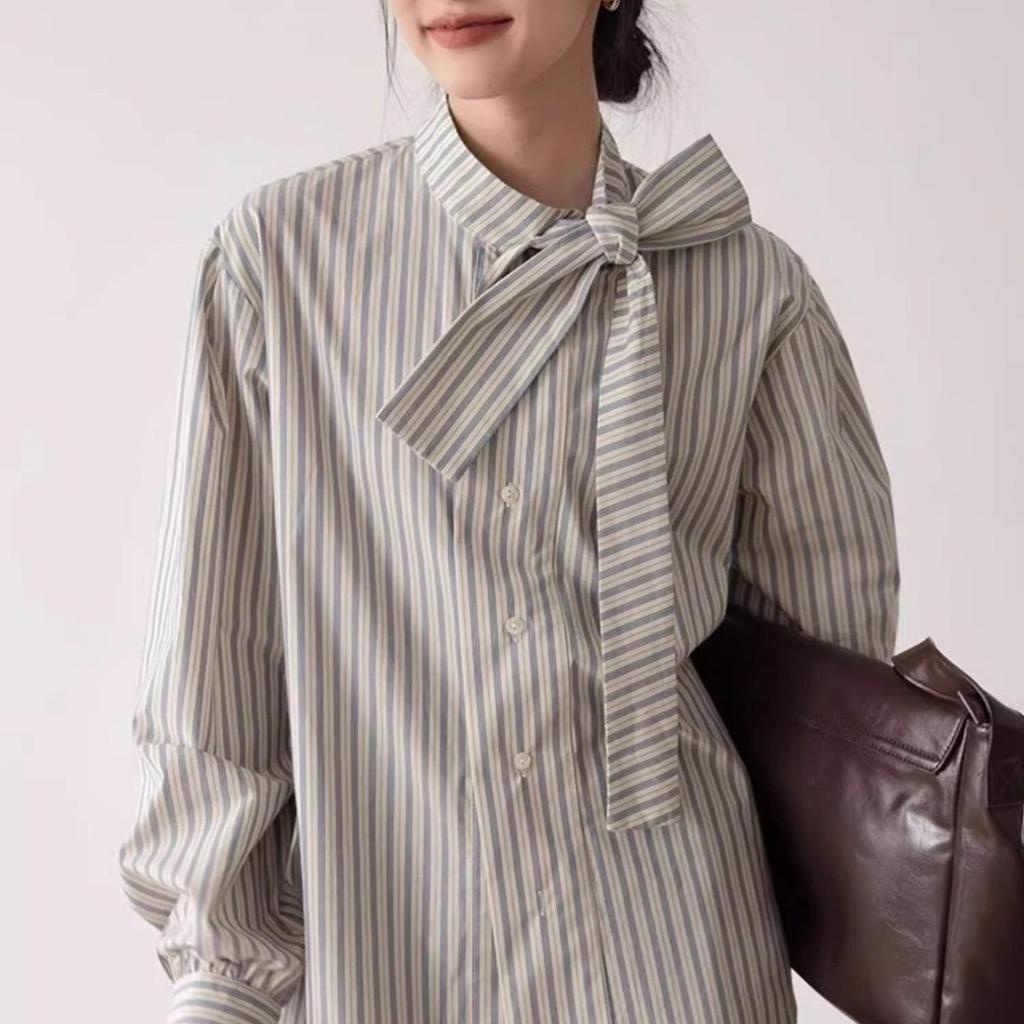 Женская полосатая рубашка с бантом — новая мода весны/осени, стильные длинные рукава, французский стиль, повседневный шик.