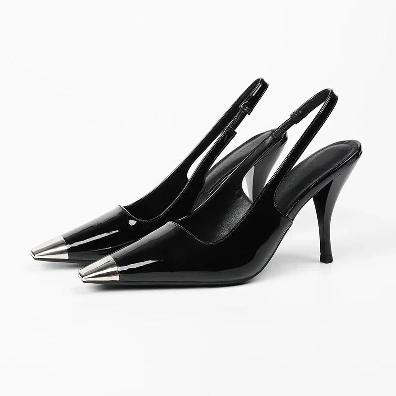 Summer Women's High Shoes Black Back Empty Metal Square Toe Sexy Stiletto High Heel Sandals Versatile Shoes