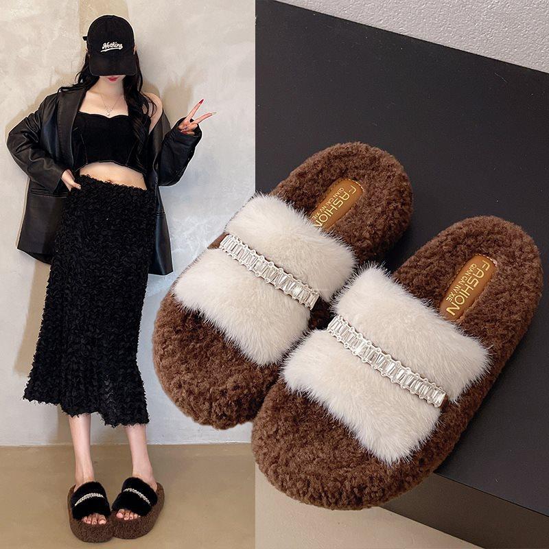 2025 Warm and Bright New Drill Fluffy Slippers Women's Fluffy Cotton Mop Autumn and Winter Wear Fluffy Shoes Thick Soles Go Out