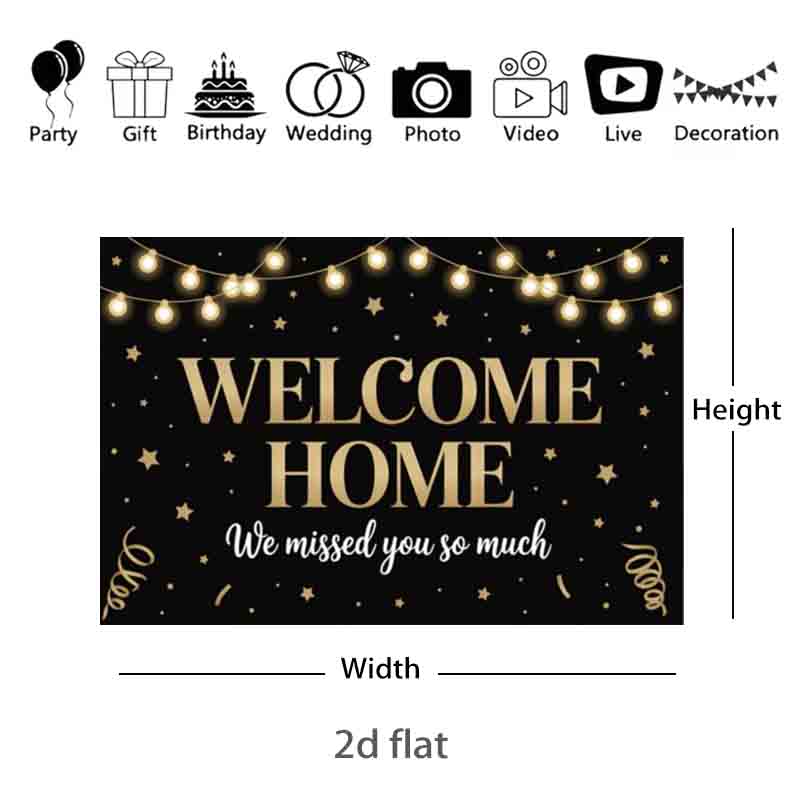 Welcome Home Photography Backdrop Black Gold String Lights Star Streamers Family Reunion Party Decor Photo Banner
