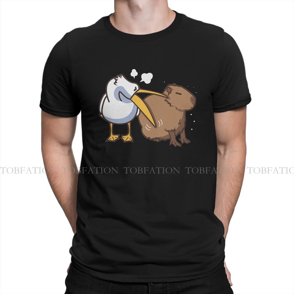 Pelican Tries To Eat Capybara Round Collar Tshirt Capybara Animal Pure Cotton Fabric Basic T Shirt Mans Tops Oversized