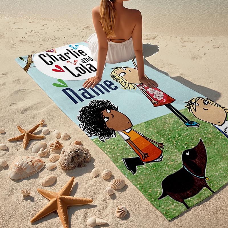 Custom Name Ultra-Soft Beach Towel with Charlie and Lola Theme,Ideal for Pool - Camping, Diving - Perfect Travel Essential, Vibrant Beach Towel.