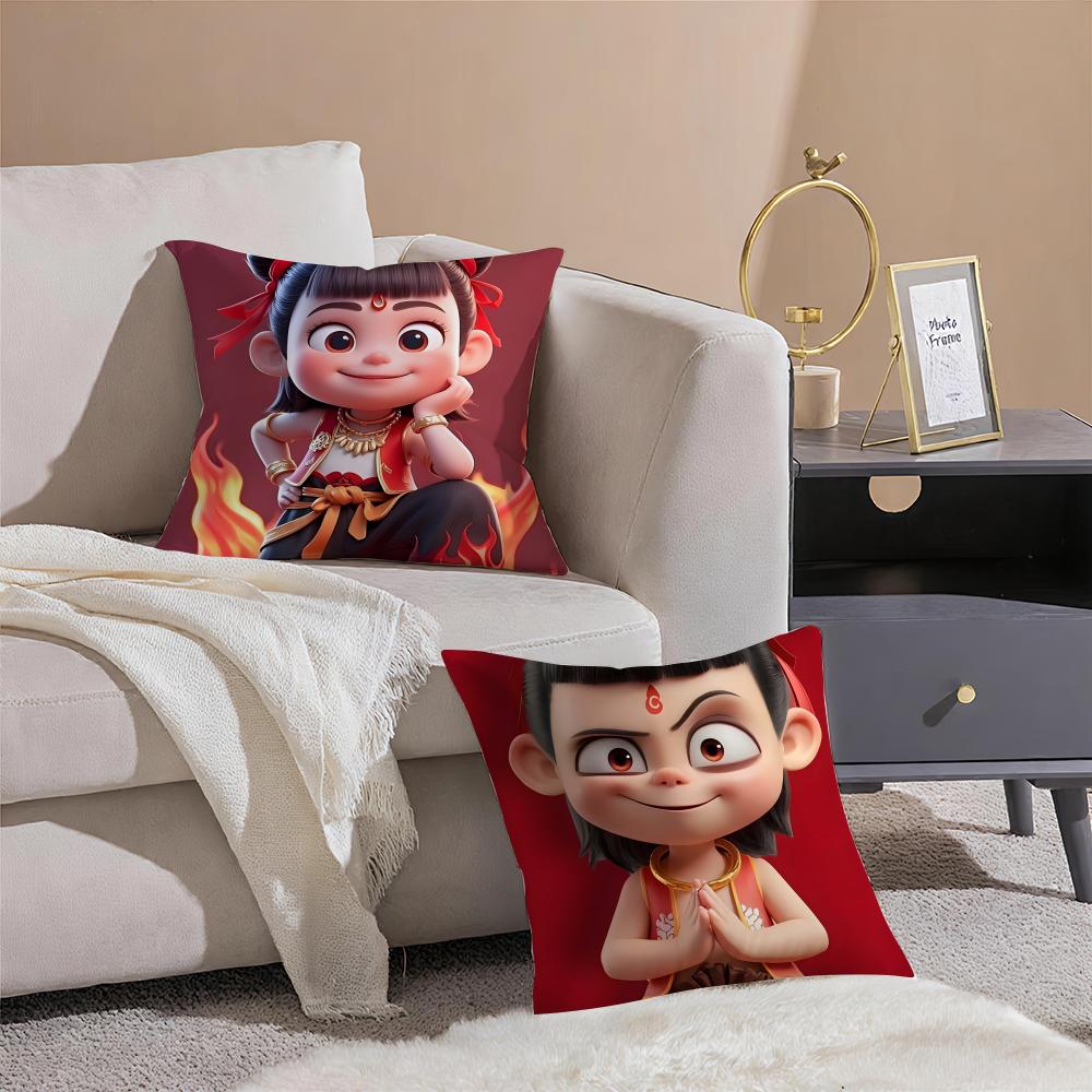 Chinese Style NNe Zha  Cushion Cover Throw Pillow Cover Hidden Button Durable Polyester Chair Cushion