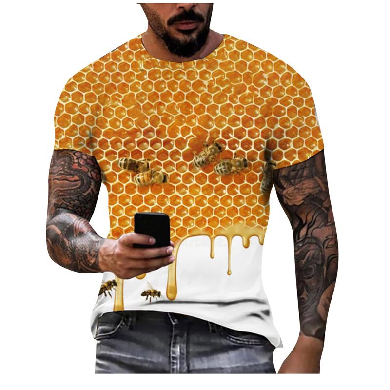 Summer Round Neck Honey Bee 3D Print Top Fashionable Casual Short Sleeved Men's T-shirts