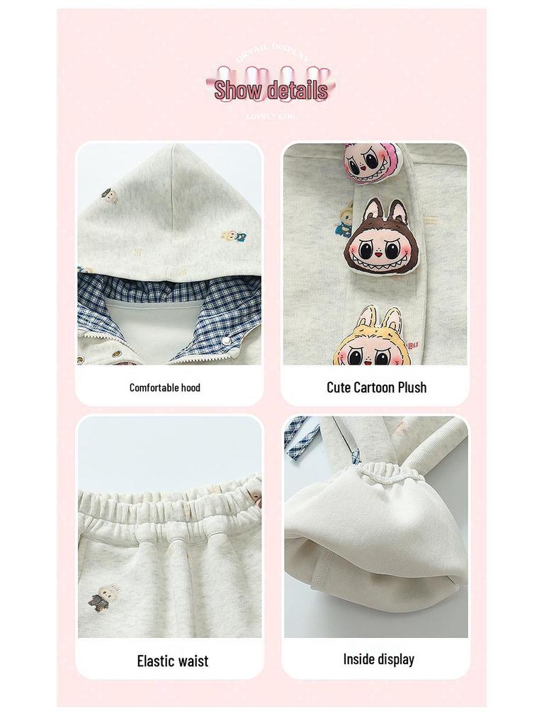 Комплект мультяшной куртки для девочек в корейском стиле: Трендовая спортивная одежда с длинным рукавом и бантом для весны и осени