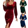 Ayollar modasi Kuz va Qish Slim Kvadrat Bo'yinli Elegant Baxmal Uzun Yengli Ko'ylaklar