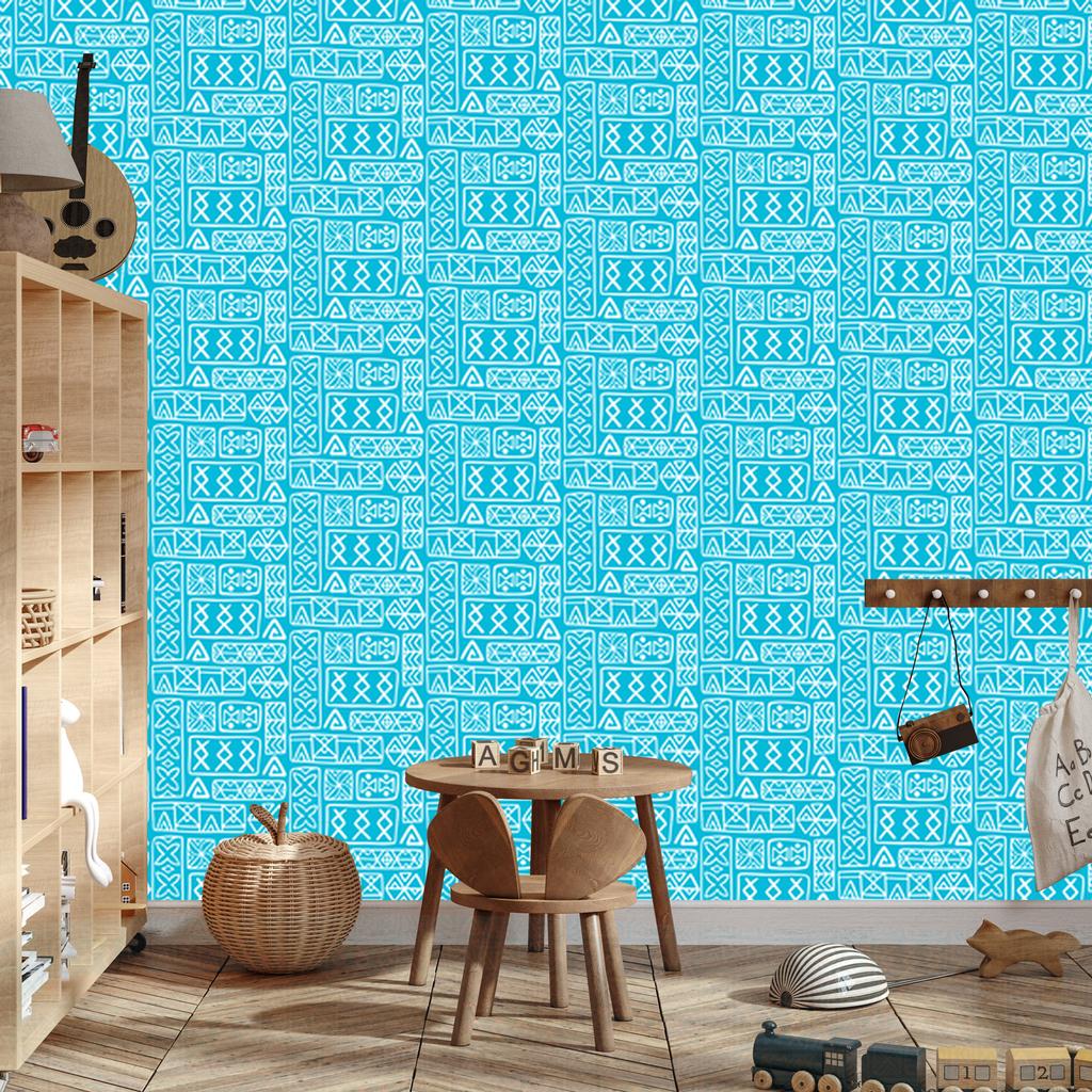 Polynesian Geometric Pattern Wallpaper Turquoise and Celadon 50x1000