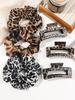 6Pcs Leopard Scrunchies and Hair Claw Clips Set,Silk Hair Ties Big Banana Clips for Women Thin Hair,Hair Accessories