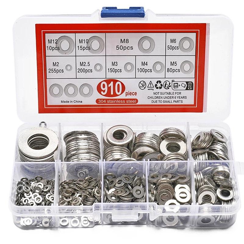 910/200pcs 304 Stainless Steel Flat Washers Assortment Kit (M2 M2.5 M3 M4 M5 M6 M8 M10 M12) Suitable for Home Decoration