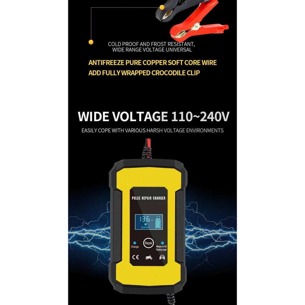 Полностью автоматическое зарядное устройство для автомобильного аккумулятора 110 В - 220 В - 12 В 6 А Интеллектуальная быстрая зарядка Мокрый Сухой Свинцово-кислотный Цифровой ЖК-дисплей