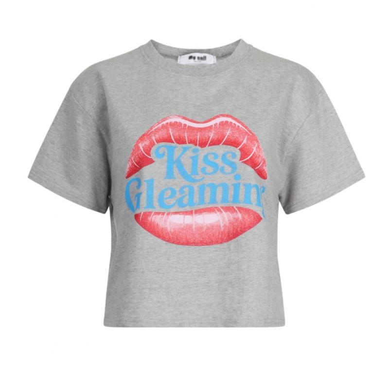 Shop Women Round Neck Rib Kiss Semi Crop CoTTon T shirT whiTe Myc Wsh260018